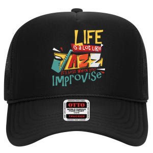 Funny Sax Player Gifts Jazz Music Saxophone High Crown Mesh Back Trucker Hat