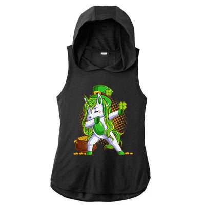 Funny St Patricks Dabbing Leprechaun Unicorn Ladies PosiCharge Tri-Blend Wicking Draft Hoodie Tank