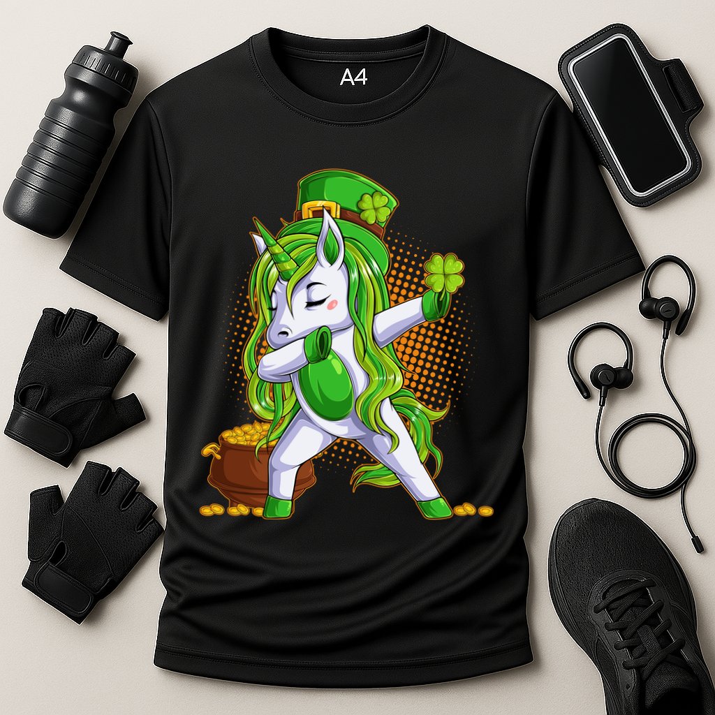 Funny St Patricks Dabbing Leprechaun Unicorn Performance Shirt