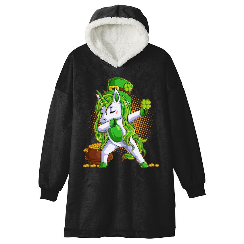 Funny St Patricks Dabbing Leprechaun Unicorn Hooded Wearable Blanket