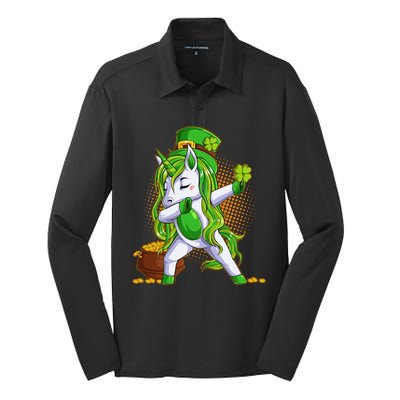 Funny St Patricks Dabbing Leprechaun Unicorn Silk Touch Performance Long Sleeve Polo