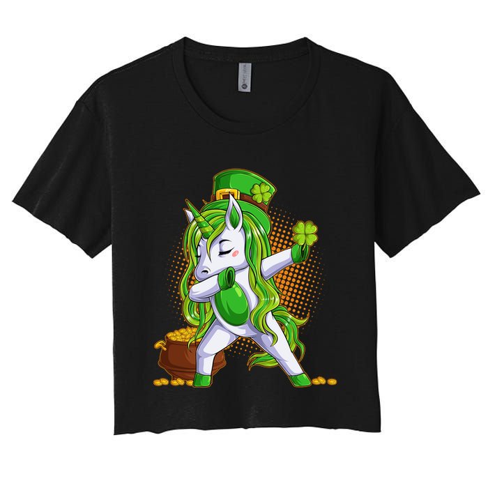 Funny St Patricks Dabbing Leprechaun Unicorn Women's Crop Top Tee