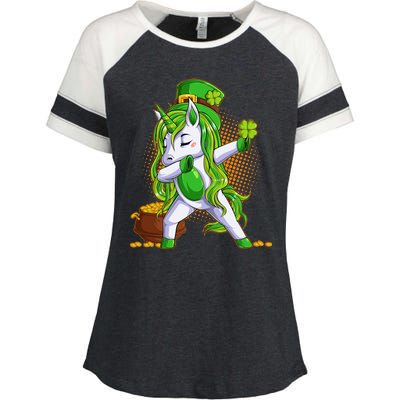 Funny St Patricks Dabbing Leprechaun Unicorn Enza Ladies Jersey Colorblock Tee