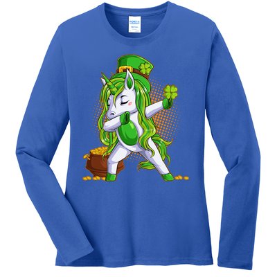 Funny St Patricks Dabbing Leprechaun Unicorn Ladies Long Sleeve Shirt