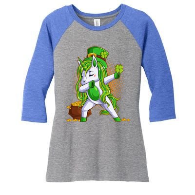 Funny St Patricks Dabbing Leprechaun Unicorn Women's Tri-Blend 3/4-Sleeve Raglan Shirt