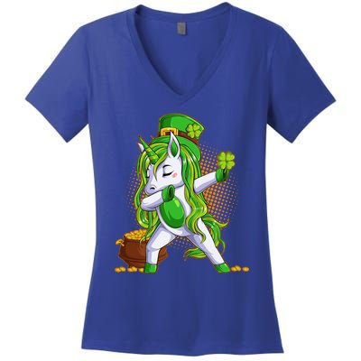 Funny St Patricks Dabbing Leprechaun Unicorn Women's V-Neck T-Shirt