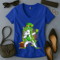 Funny St Patricks Dabbing Leprechaun Unicorn Women's V-Neck T-Shirt