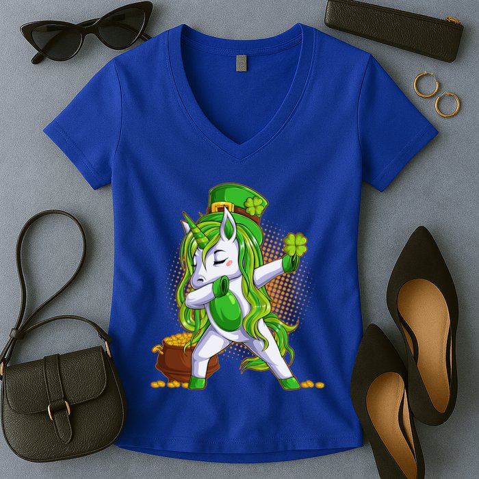 Funny St Patricks Dabbing Leprechaun Unicorn Women's V-Neck T-Shirt