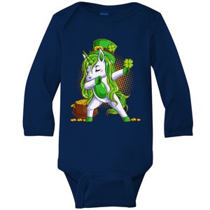 Funny St Patricks Dabbing Leprechaun Unicorn Baby Long Sleeve Bodysuit