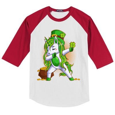 Funny St Patricks Dabbing Leprechaun Unicorn Kids Colorblock Raglan Jersey