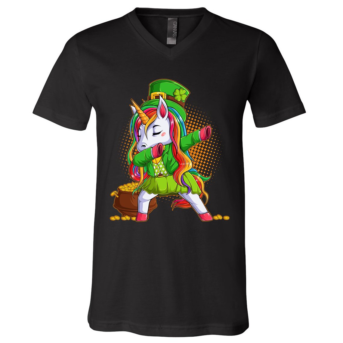 Funny St Patricks Dabbing Leprechaun Rainbow Unicorn V-Neck T-Shirt