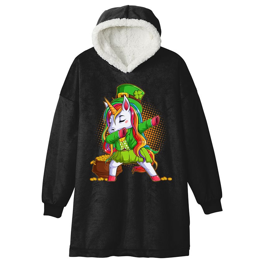 Funny St Patricks Dabbing Leprechaun Rainbow Unicorn Hooded Wearable Blanket
