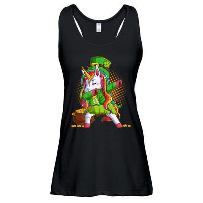 Funny St Patricks Dabbing Leprechaun Rainbow Unicorn Ladies Essential Flowy Tank