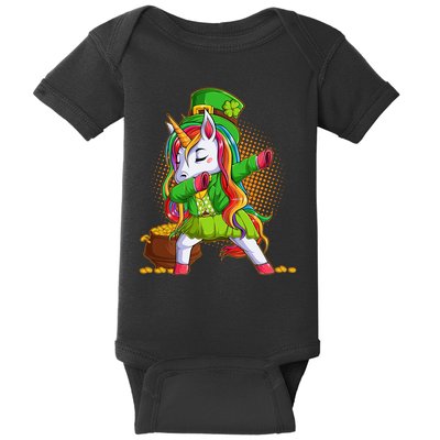 Funny St Patricks Dabbing Leprechaun Rainbow Unicorn Baby Bodysuit