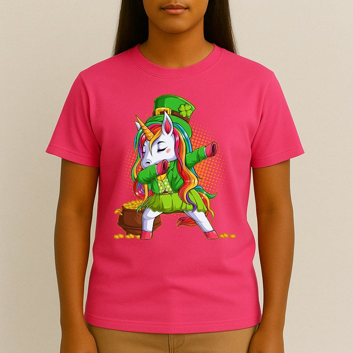 Funny St Patricks Dabbing Leprechaun Rainbow Unicorn T-Shirt