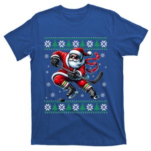 Funny Santa Playing Ice Hockey Ugly Christmas Snowflakes Gift T-Shirt