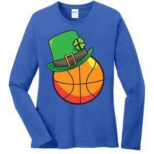 Fun St Patrick's Day Basketball Lucky Leprechaun Clover Hat Gift Ladies Long Sleeve Shirt