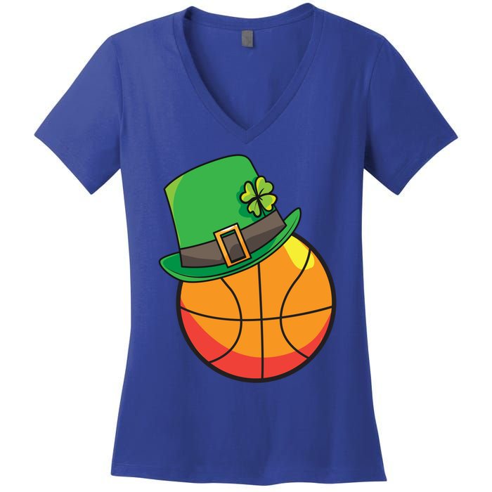 Fun St Patrick's Day Basketball Lucky Leprechaun Clover Hat Gift Women's V-Neck T-Shirt