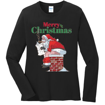 Funny Santa Pooping Down Chimney Xmas Christmas Gifts  Ladies Long Sleeve Shirt