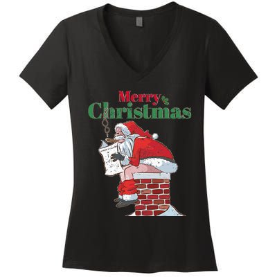 Funny Santa Pooping Down Chimney Xmas Christmas Gifts  Women's V-Neck T-Shirt