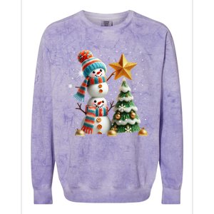 Funny Snowmen Putting Up Christmas Tree Colorblast Crewneck Sweatshirt