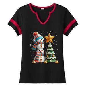 Funny Snowmen Putting Up Christmas Tree Ladies Halftime Notch Neck Tee