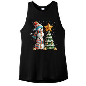 Funny Snowmen Putting Up Christmas Tree Ladies PosiCharge Tri-Blend Wicking Tank