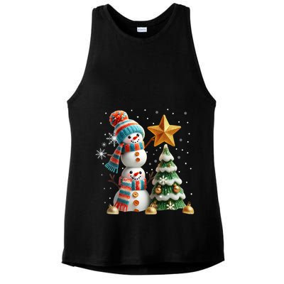 Funny Snowmen Putting Up Christmas Tree Ladies PosiCharge Tri-Blend Wicking Tank