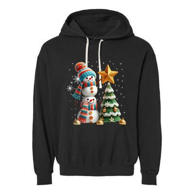 Funny Snowmen Putting Up Christmas Tree Garment-Dyed Fleece Hoodie