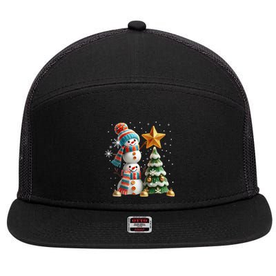 Funny Snowmen Putting Up Christmas Tree 7 Panel Mesh Trucker Snapback Hat