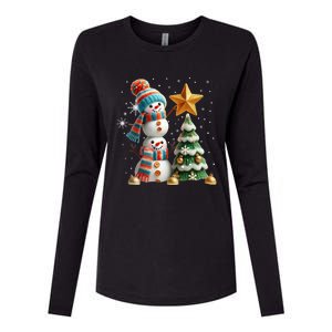 Funny Snowmen Putting Up Christmas Tree Womens Cotton Relaxed Long Sleeve T-Shirt