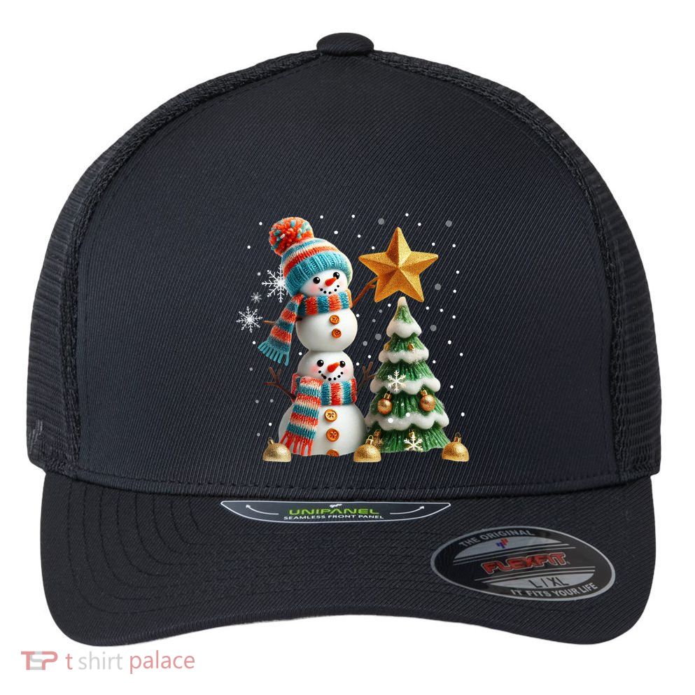 Funny Snowmen Putting Up Christmas Tree Flexfit Unipanel Trucker Cap