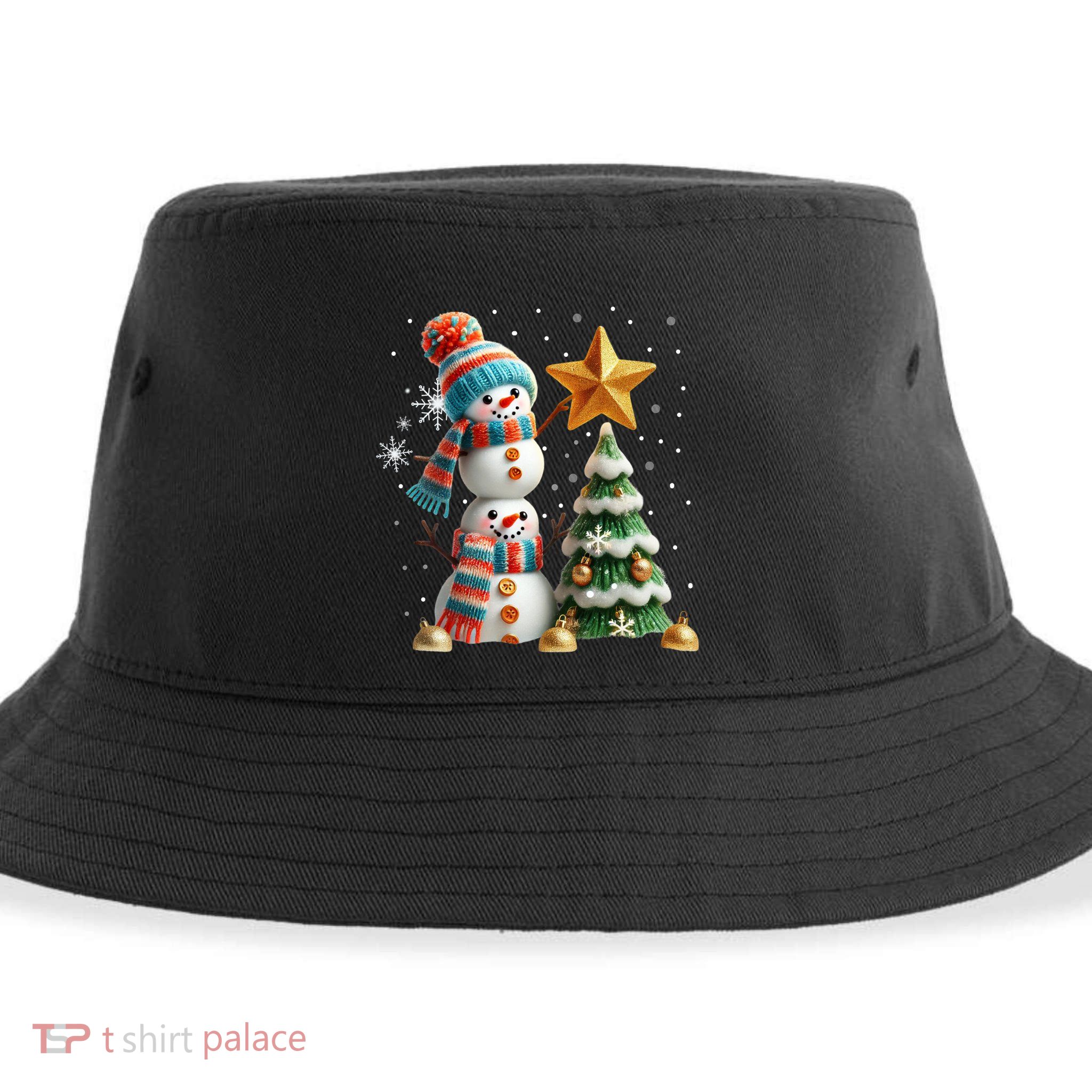 Funny Snowmen Putting Up Christmas Tree Sustainable Bucket Hat