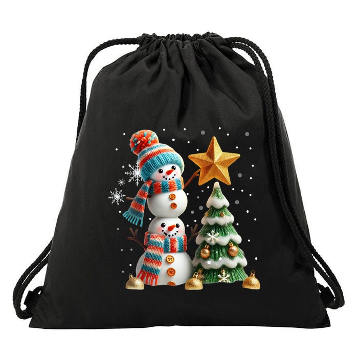 Funny Snowmen Putting Up Christmas Tree Drawstring Bag