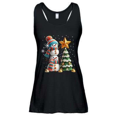 Funny Snowmen Putting Up Christmas Tree Ladies Essential Flowy Tank