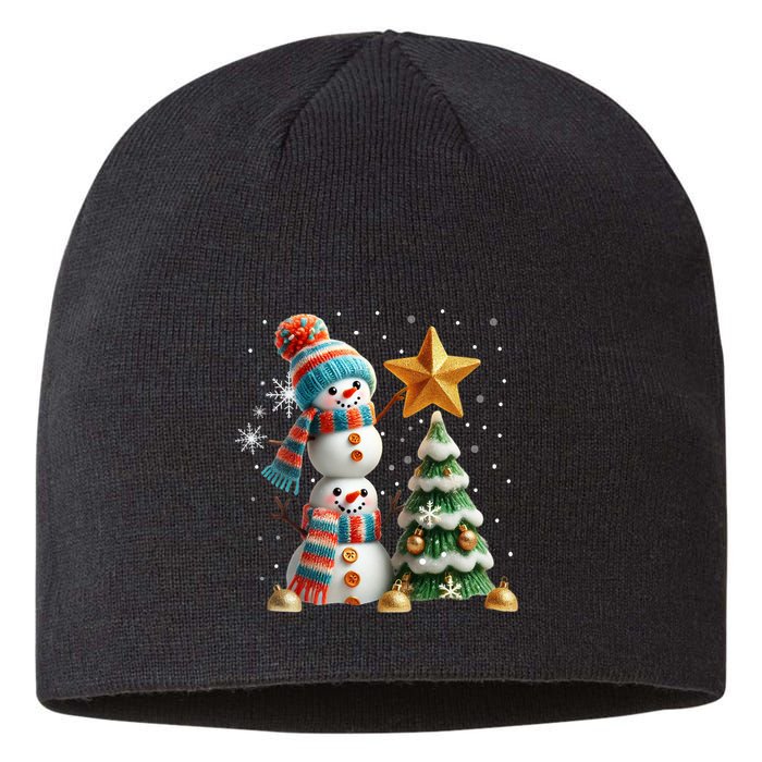 Funny Snowmen Putting Up Christmas Tree Sustainable Beanie