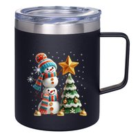 Funny Snowmen Putting Up Christmas Tree 12oz Stainless Steel Coffee Mug