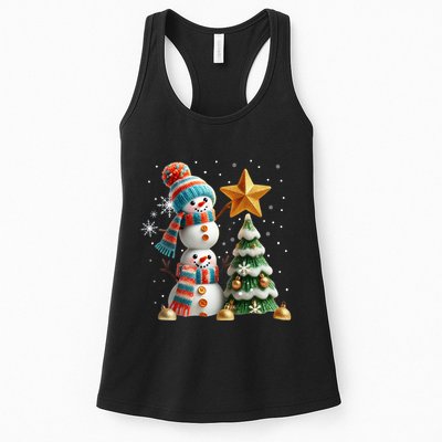 Funny Snowmen Putting Up Christmas Tree Womens Tank Top