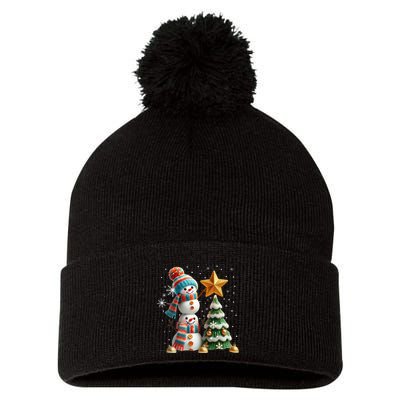 Funny Snowmen Putting Up Christmas Tree Pom Pom 12in Knit Beanie