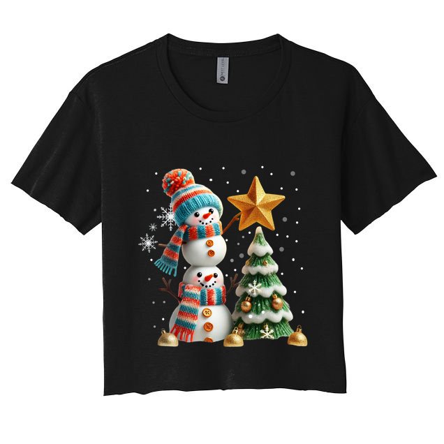 Funny Snowmen Putting Up Christmas Tree Crop Top