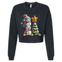 Funny Snowmen Putting Up Christmas Tree Cropped Pullover Crew
