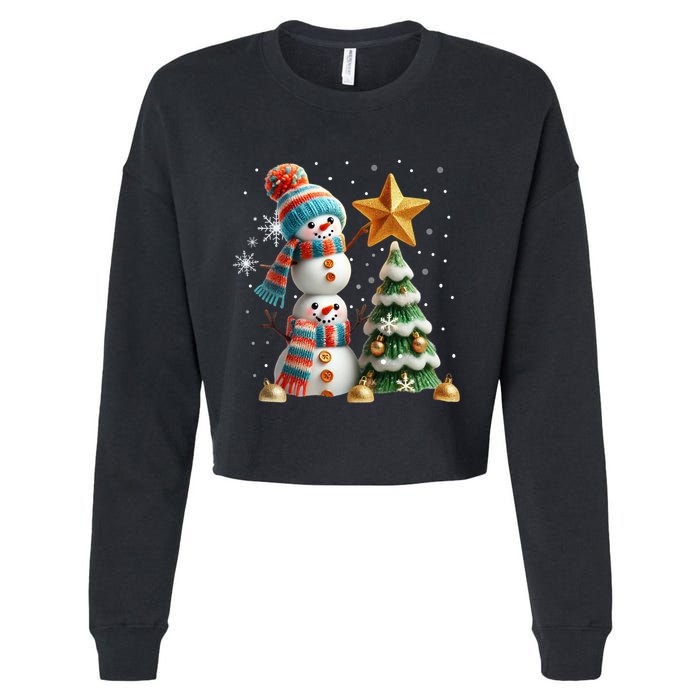 Funny Snowmen Putting Up Christmas Tree Cropped Pullover Crew