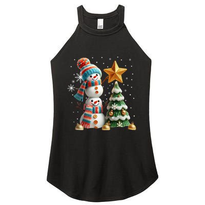 Funny Snowmen Putting Up Christmas Tree Women's Perfect Tri Rocker Tank