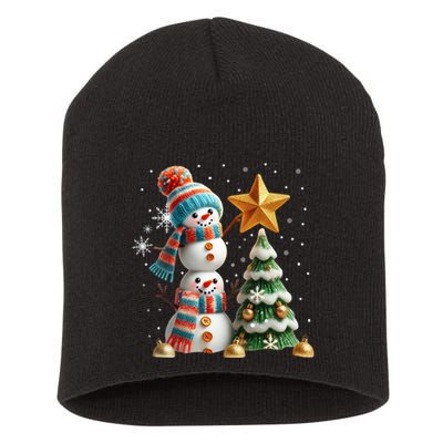 Funny Snowmen Putting Up Christmas Tree Short Acrylic Beanie