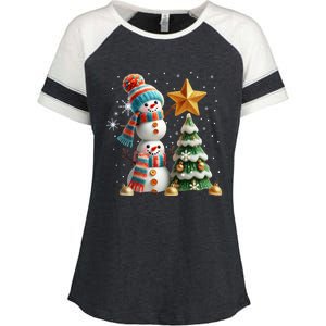 Funny Snowmen Putting Up Christmas Tree Enza Ladies Jersey Colorblock Tee