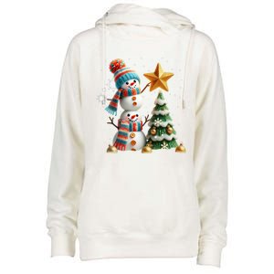 Funny Snowmen Putting Up Christmas Tree Womens Funnel Neck Pullover Hood