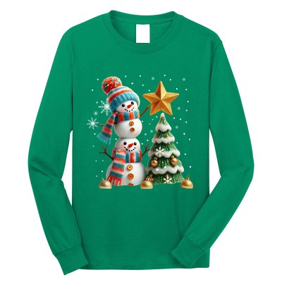 Funny Snowmen Putting Up Christmas Tree Long Sleeve Shirt