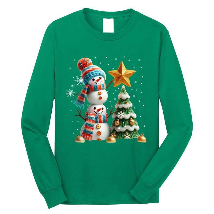 Funny Snowmen Putting Up Christmas Tree Long Sleeve Shirt