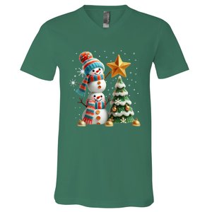 Funny Snowmen Putting Up Christmas Tree V-Neck T-Shirt