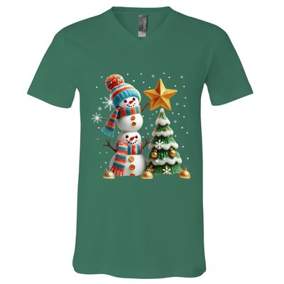 Funny Snowmen Putting Up Christmas Tree V-Neck T-Shirt